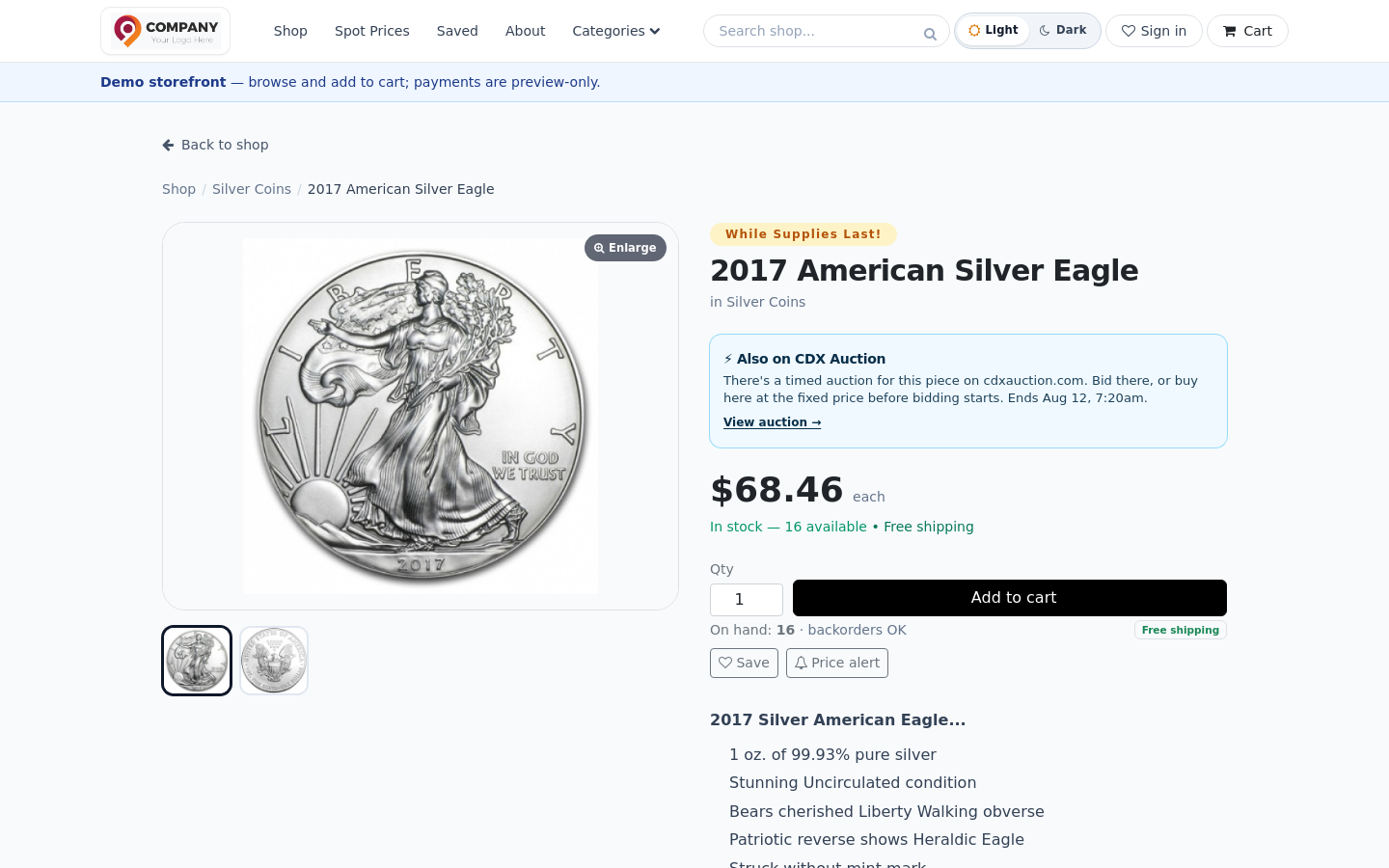 ExtraCoins product page with live pricing
