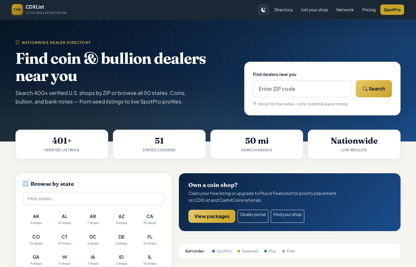 CDXList nationwide coin and bullion dealer directory